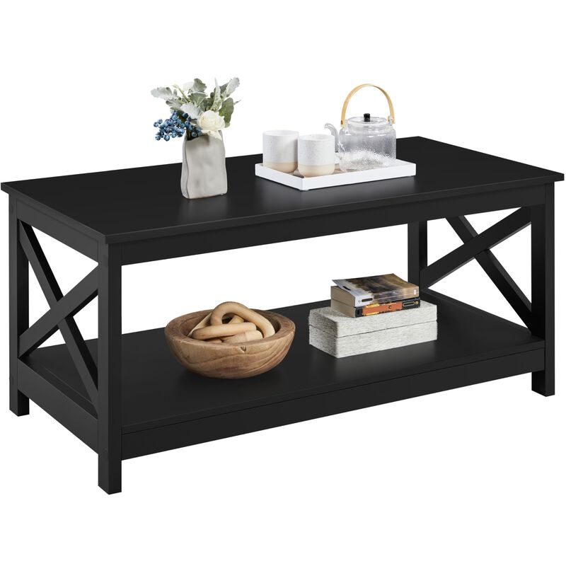 Yaheetech Wood 2-Tier Black Coffee Table with Storage Shelf for Living Room, X Design Accent Cocktail Table, Easy Assembly Home