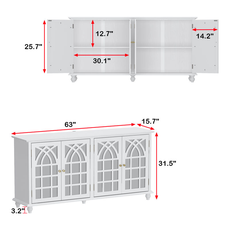 White Wooden 63 in. W, Mirrored Accent Strorage Cabinet, Sideboard with 4 Shelves and 4 Elegant Feet