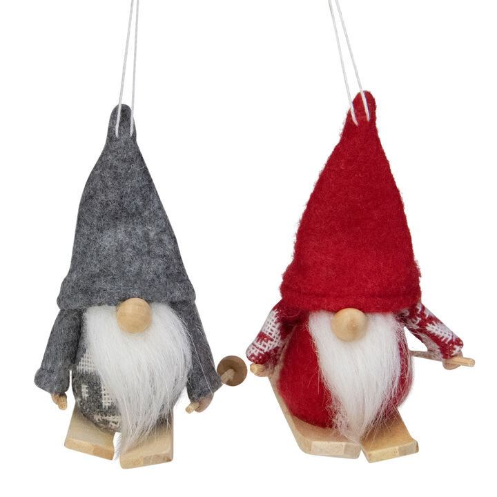 Set of 2 Red and Gray Skiing Gnomes Christmas Ornaments 5"