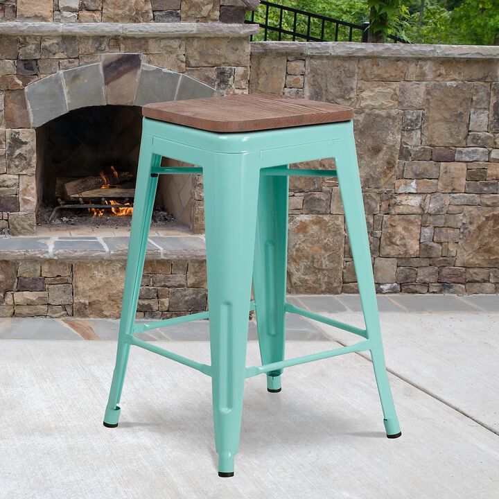 Flash Furniture Sinclair 24" High Backless Mint Green Counter Height Stool with Square Wood Seat