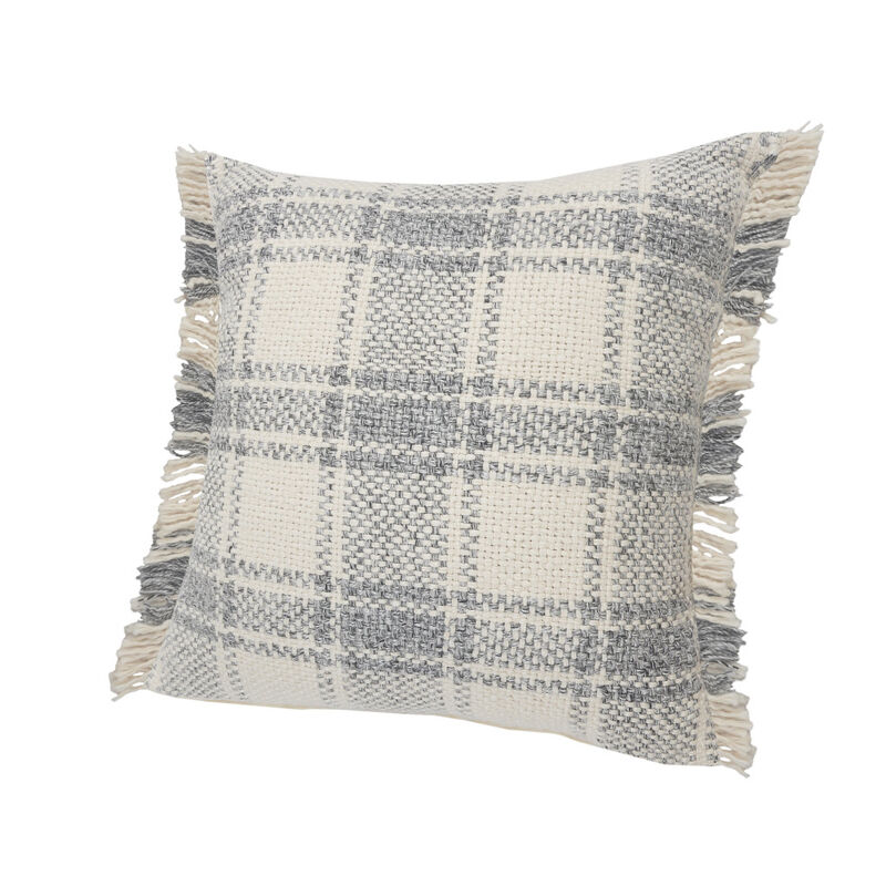 HomeRoots Set of Two 20" Off White And Gray Plaid Cotton Throw Pillows with Fringe image number 2