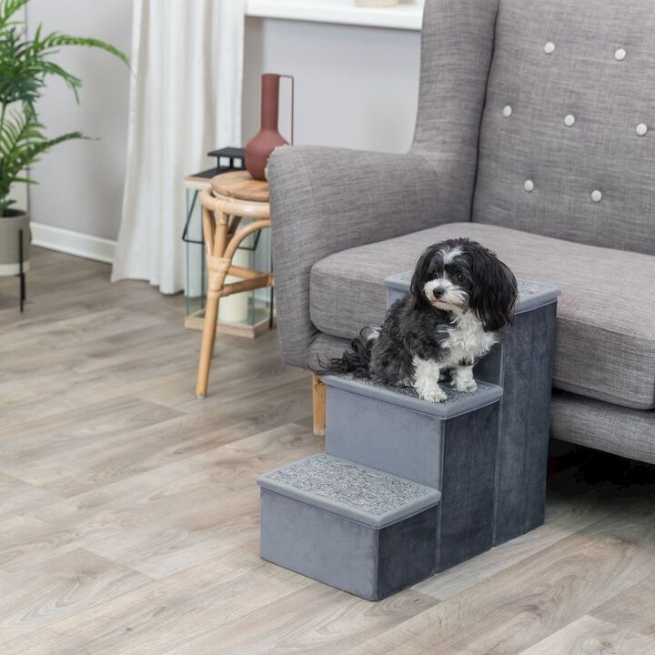 TRIXIE 3-Step Foldable Velour Pet Stairs with Storage, Gray