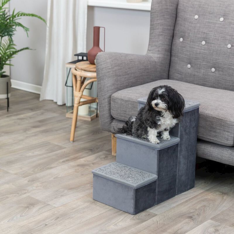 TRIXIE 3-Step Foldable Velour Pet Stairs with Storage, Gray image number 1
