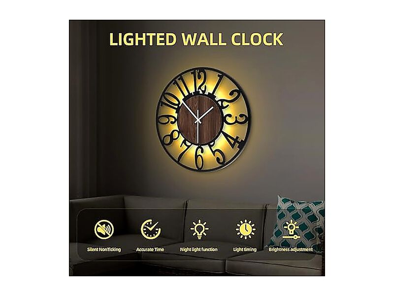 Large Wall Clock 24 Lighted Rustic Wood Remote Timer Silent Battery Operated image number 3