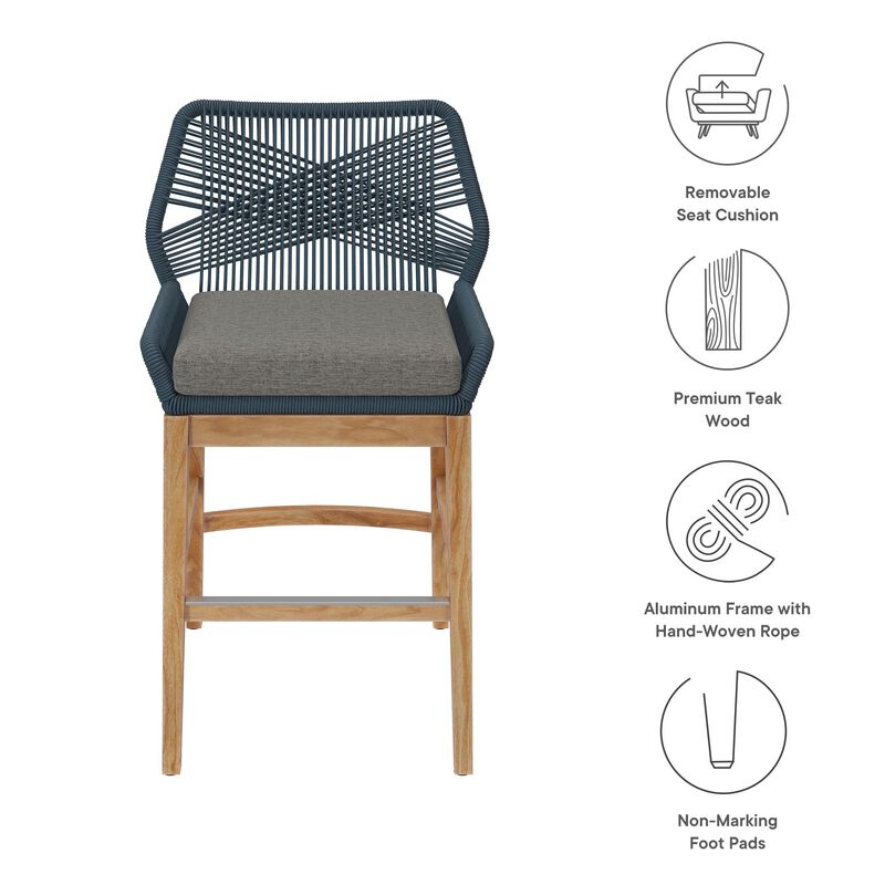 Modway Wellspring Outdoor Patio Teak Wood Counter Stool in Light Gray Greige - 24 Inch Patio Counter Height Stool with Cushion, Woven Seat and Teak Wood Legs image number 3
