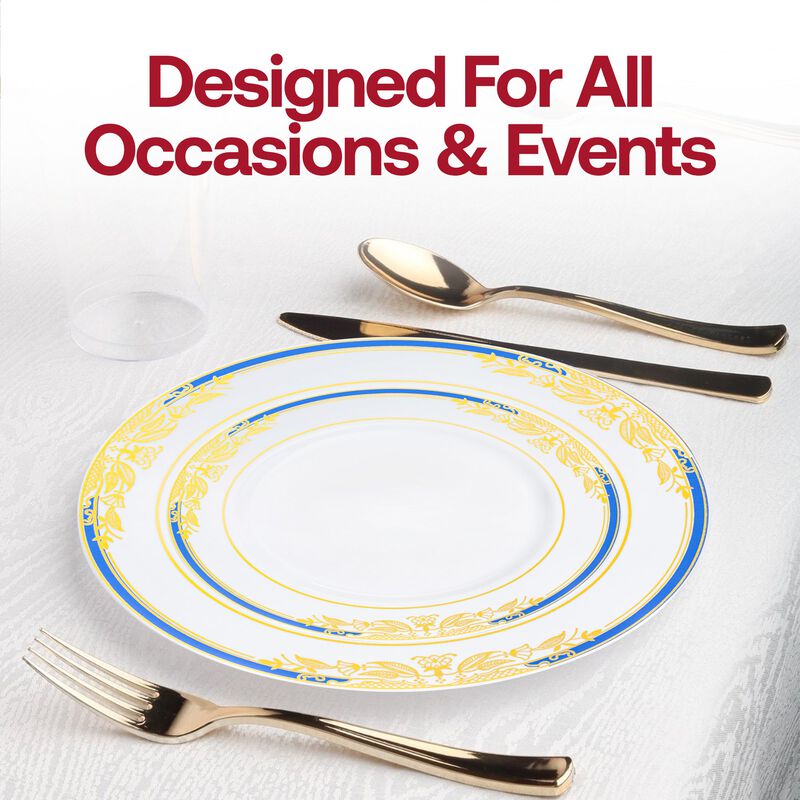 White with Blue and Gold Harmony Rim Plastic Wedding Value Set (30 Sets) image number 6