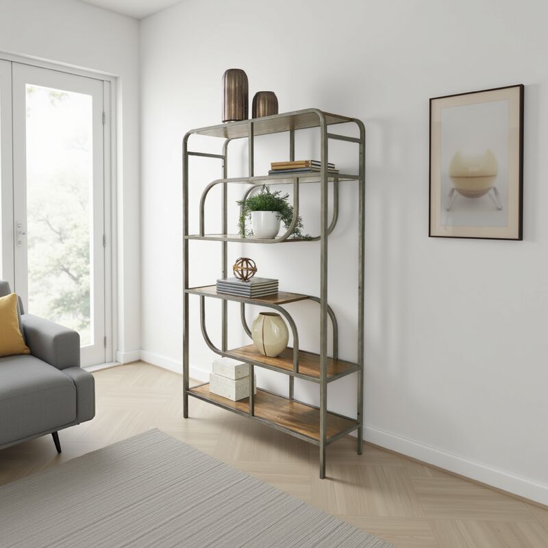 Bookcase, Modern Geometric Design, 70 Inch, 5 Brown Veneer Shelves - Benzara