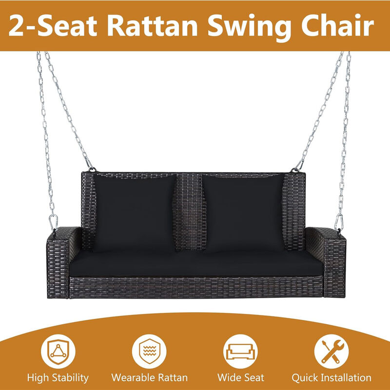 Mondawe 2-Person Wicker Hanging Porch Swing with 2 Back Cushions and 1 Seat Cushion