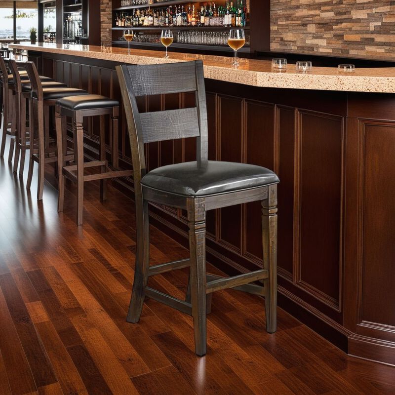 Flint Barstool Chair, Set of 2, Ladderback, Black Vinyl, Dark Brown Mahogany - Benzara