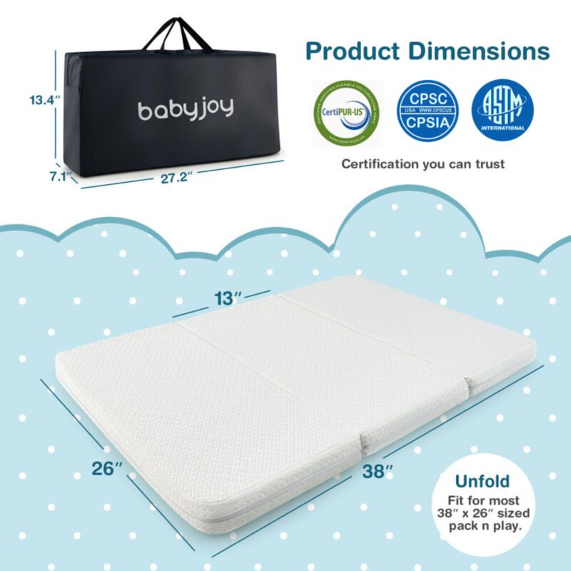 Hivvago 38 x 26 Inch Tri-fold Pack and Play Mattress Topper Mattress Pad with Carrying Bag