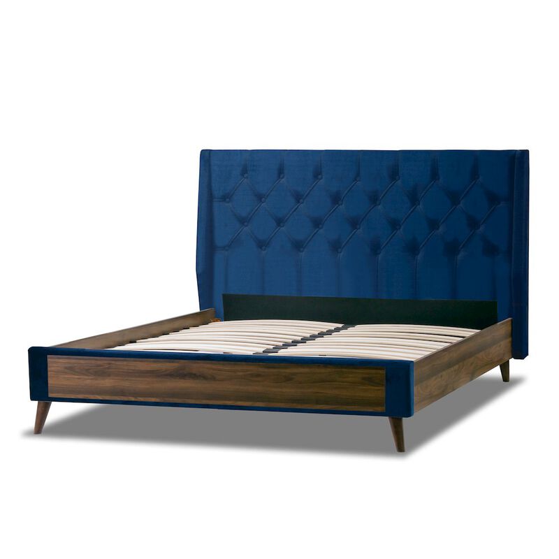 Glamour Home Arlo Navy Blue Velvet Queen Bed with Wings and Button Tufting