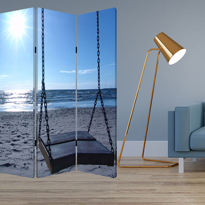 Wood Frame Canvas Seaside Serenity Screen for Coastal-Inspired Room Division