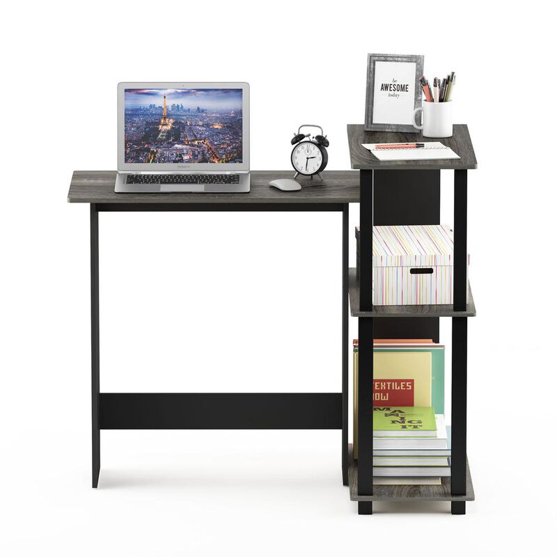 Abbott Corner Computer Desk with Bookshelf, French Oak Grey/Black, 16086R1GYW/BK