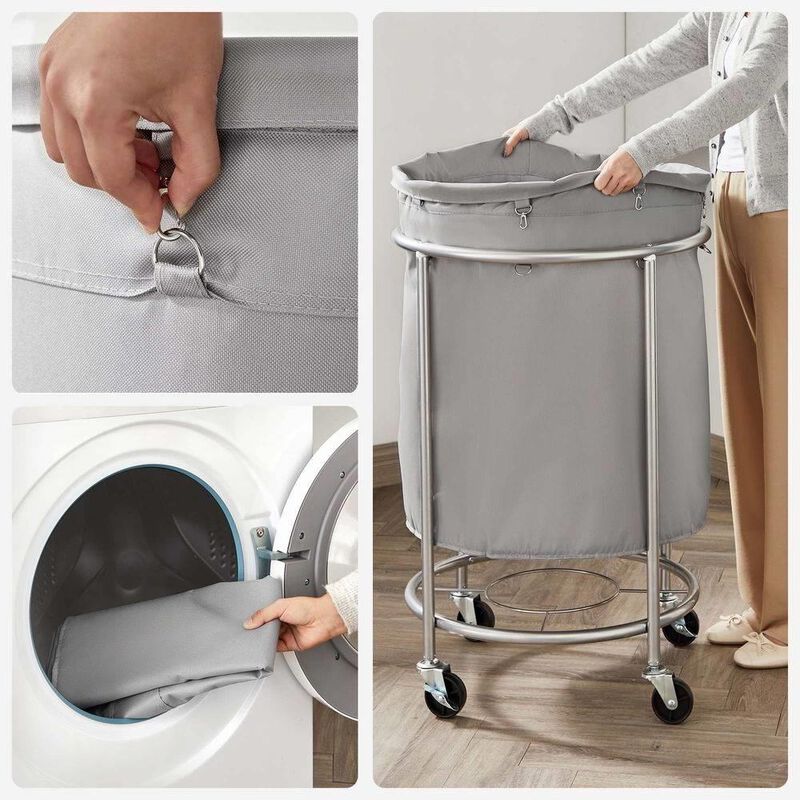 Hivvago Round 45-Gallon Laundry Basket Hamper w/ Cream Fabric Bag Steel Frame on Wheels