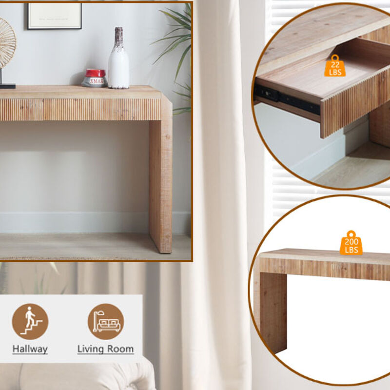 GOODSILO Rustic Wooden Console Table with Drawer Minimalist Design Ribbed Texture Natural Finish image number 7