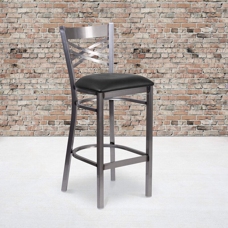 Flash Furniture HERCULES Series Clear Coated ''X'' Back Metal Restaurant Barstool - Black Vinyl Seat