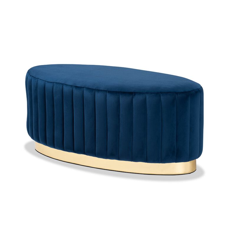 Baxton Studio Kirana Glam and Luxe Navy Blue Velvet Fabric Upholstered and Gold PU Leather Ottoman