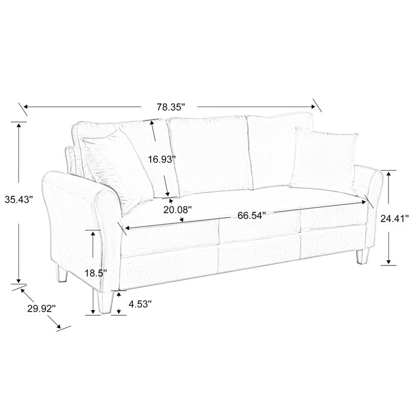 Modern Velvet Couch with 2 Pillow, 78 Inch Width Living Room Furniture, 3 Seater Sofa with Plastic Legs image number 3