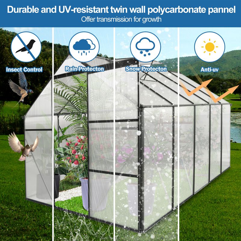 6x10 FT Greenhouse Raised Base&Anchor Aluminum Heavy Duty Walk-in Greenhouses for Outdoor image number 7