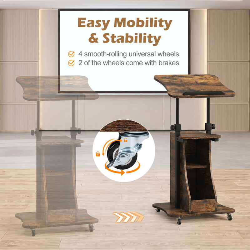 Mobile Podium Stand with Adjustable Height, Tilting Tabletop and Storage image number 5