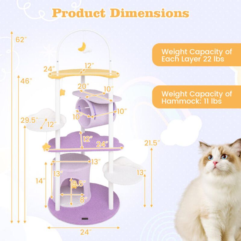 Hivvago 62 Inches Large Cat Tower with Metal Frame and Jumping Platforms