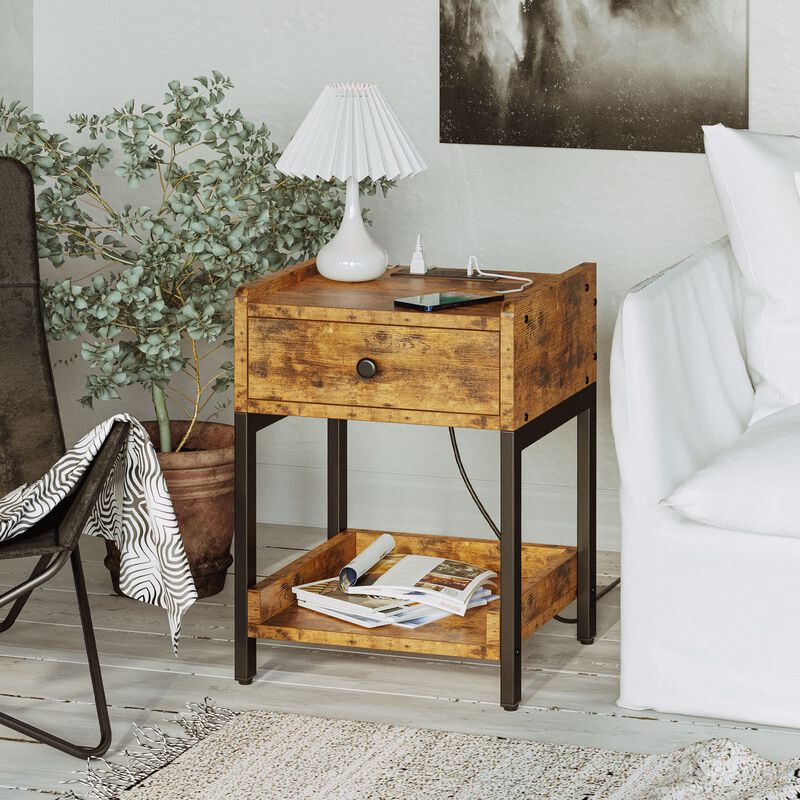 LIKIMIO Nightstand, Bedside Table with Charging Station, Small End Table with Storage Drawer and Shelf for Bedroom and Living Ro