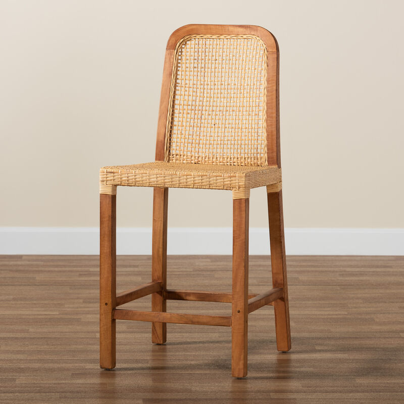 Baxton Studio Caspia Mid-Century Modern Walnut Brown Mahogany Wood and Natural Rattan Counter Stool