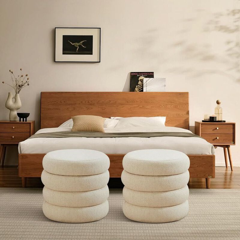 Beige Linen Upholstered Round Storage Ottoman - Removable Lid image number 8