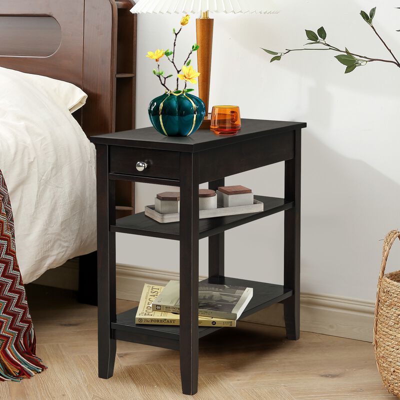 End Table with Drawer and 2-Tier Open Storage Shelves for Space Saving