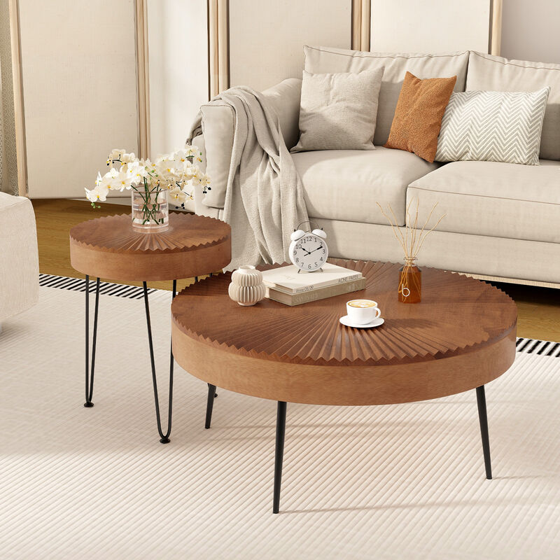 Set of 2 Wooden Coffee Table with Metal Legs and Adjustable Foot Pads