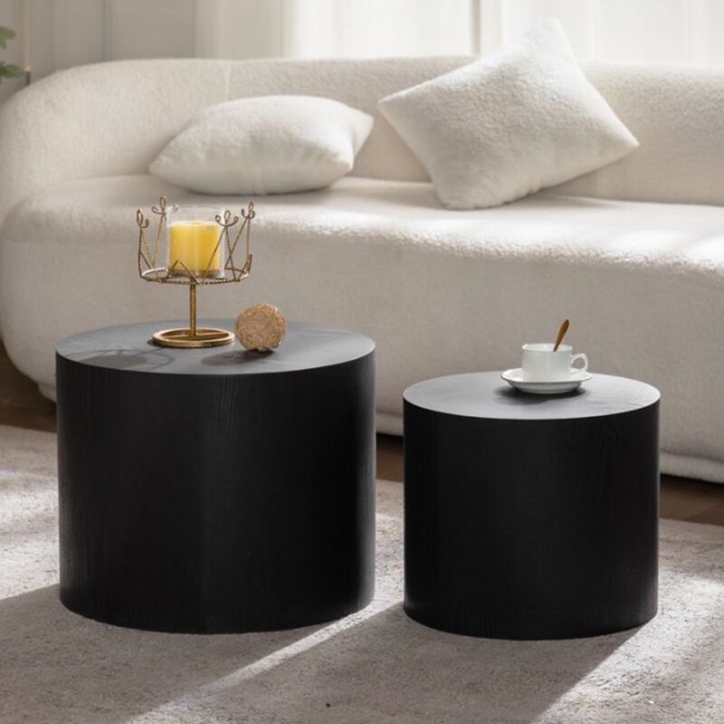 Modern Round Drum Nesting Coffee Table Set of 2, Wooden Cylinder Coffee Tables for Living Room, Space-Saving Design image number 3