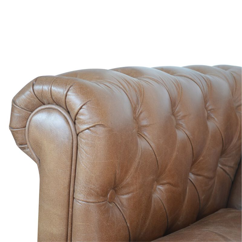 Brown Leather Double Seater Chesterfield Sofa Solid Wood