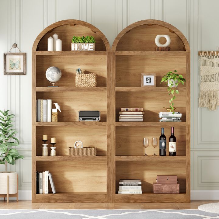 Merax Modern Open Display Cabinet Set with Arched Fabric Tops, Wood-Grain Back Panels