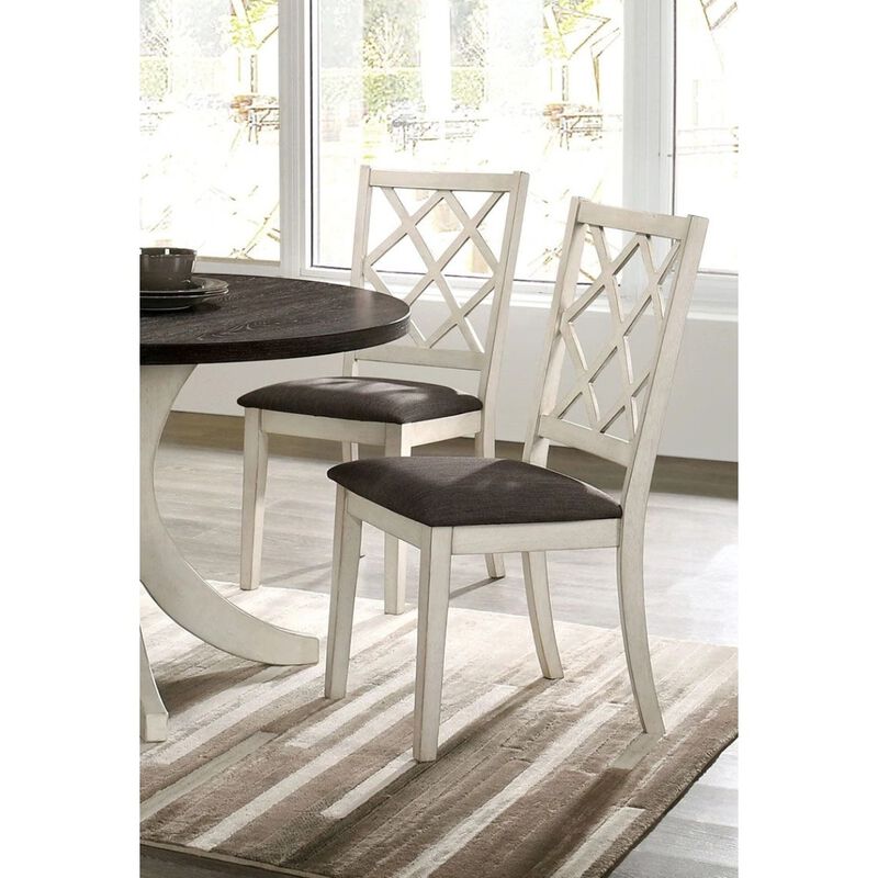 Antique White Solid wood Set of 2 Chairs Unique Design Back Kitchen Dining Room Breakfast Grey Cushion Seat Chair Fabric