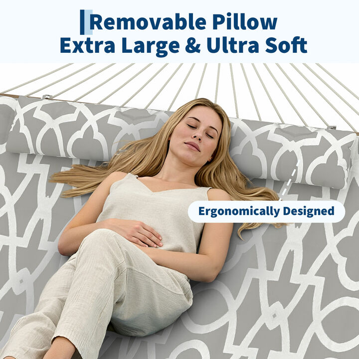 Double Hammock for 2 &ndash; Quilted, Spreader Bar, Removable Pillow, Adjustable Steel Frame, 500 lbs &ndash; Patio, Garden, Beach