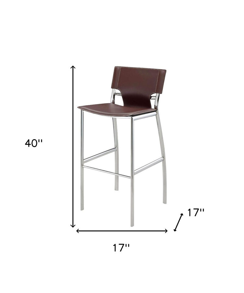 HomeRoots Set of Two 29" Brown and Silver Metal and Faux Leather Low Back Bar Height Bar Chairs image number 5