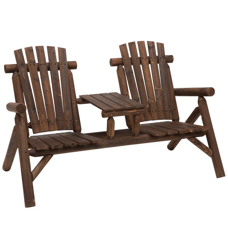 Carbonized Outdoor Duo: Wood Adirondack Chair Bench with Center Table