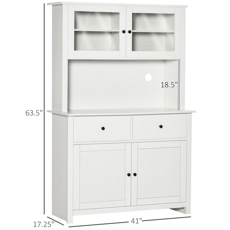 63.5" Kitchen Buffet with Hutch, Pantry Storage Cabinet with 4 Shelves, Drawers, Framed Glass Doors, Open Microwave Countertop, Antique White