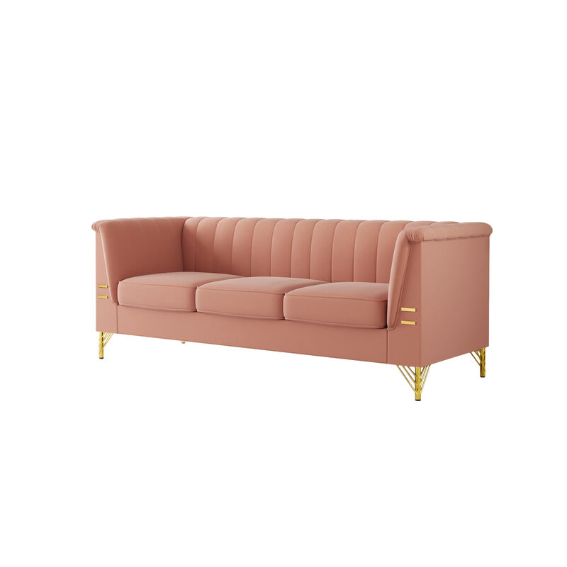 FX-P82-PK(SOFA)-Modern Designs Velvet Upholstered Living Room Sofa, 3 Seat Sofa Couch with Golden Metal Legs for Home, Apartment or Office Pink SOFA image number 4