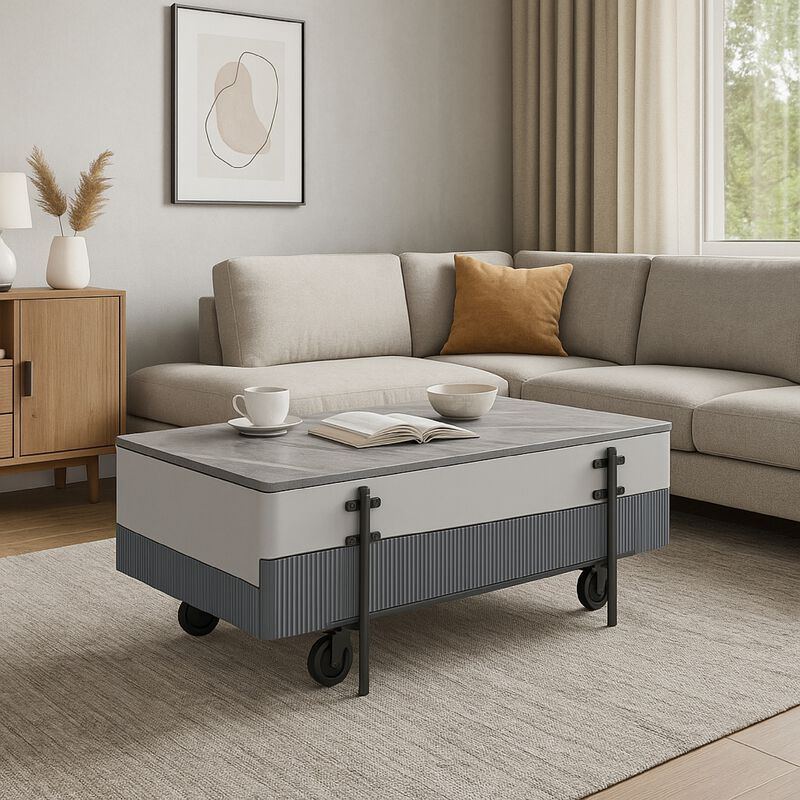 Mindy Coffee Table with Lift Top, 3 Compartments, White Gray 47 Inch