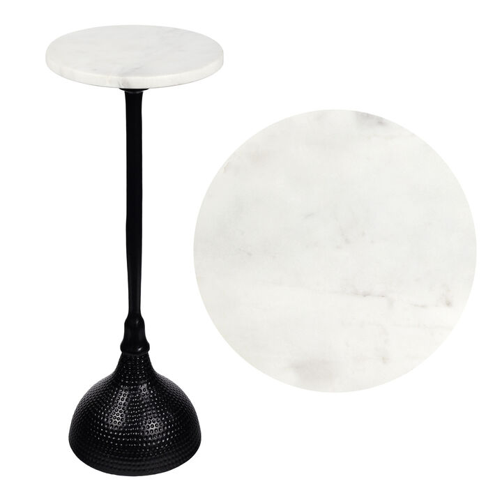 Ava 23.75" Art Deco Contemporary Metal Pedestal Drink Table and Decorative End Table with White Marble Round Top and Hammered Base