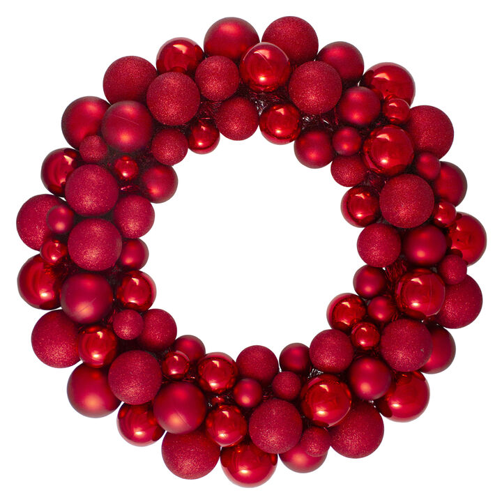 Red Hot 3-Finish Shatterproof Ball Christmas Wreath  24-Inch