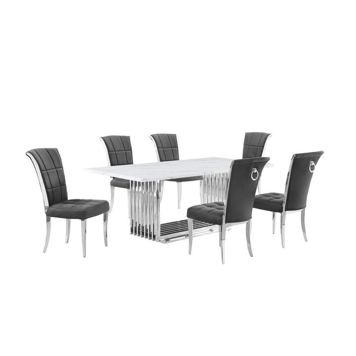 7pc Large(79") marble top dining set with silver base and 6 Dark grey chairs