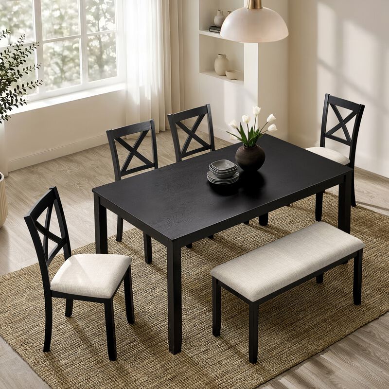6 Piece Dining Table Set with Bench, rectangular wood dining table set for 6, farmhouse dining table set, timeless dining furniture image number 4