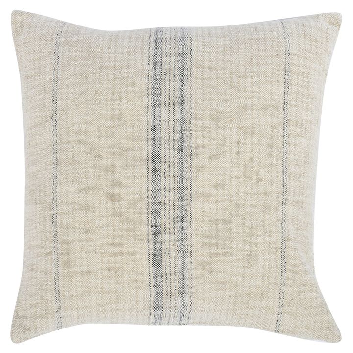 Tia 22 Inch Square Accent Throw Pillow with Woven Black Stripe, Beige Linen - Benzara