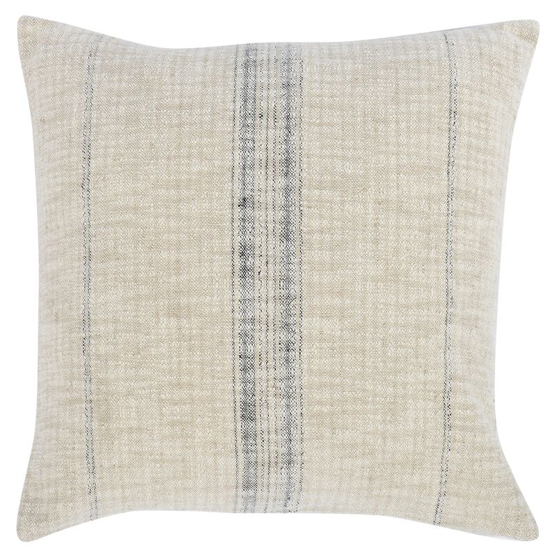 Tia 22 Inch Square Accent Throw Pillow with Woven Black Stripe, Beige Linen - Benzara