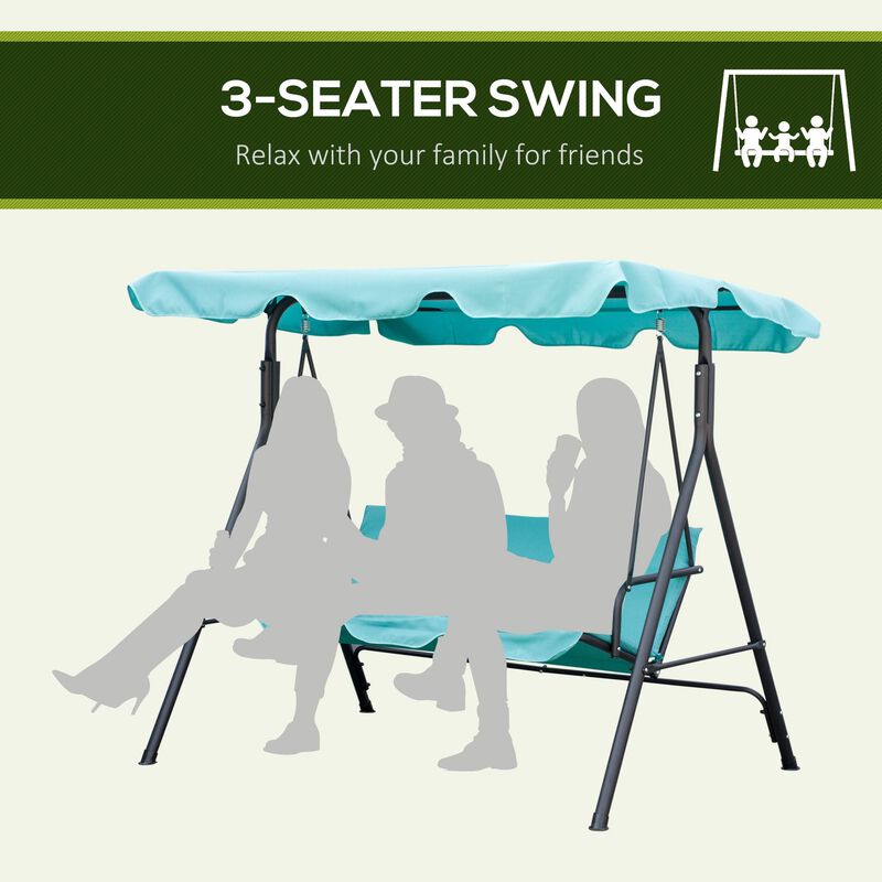 Patio Porch Swing Chair with Adjustable Canopy, Seats 3 Adults, Steel Frame, Armrests, Green image number 5