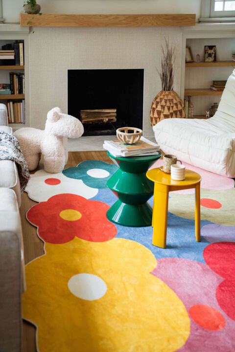 Lany Space Area Rug, Washable Non-Slip Rug, Funky Flowers Rug for Living Room, Bedroom