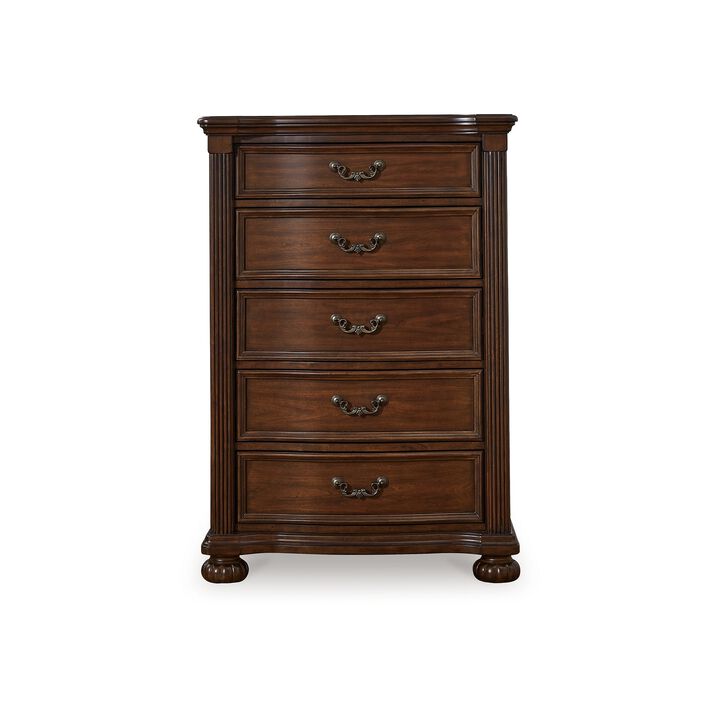 Laon Tall Dresser Chest, 5 Drawer Cherry Brown Solid Hardwood, 51 Inch - Benzara