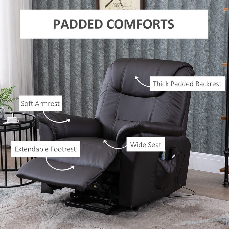 Electric Power Lift Chair, PU Leather Recliner Chair with Remote Control and Side Pockets, Brown